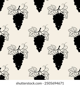 Pattern grape bunch silhouette dark color on beige background. Vector illustration