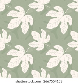 Patrón con hojas de uva beige sobre fondo verde suave. Fondo textil.