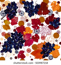 Pattern of grape leaves and vines. Vector illustration. Beautiful illustration with grapes pattern. Exclusive design Hello, Autumn! repeating pattern