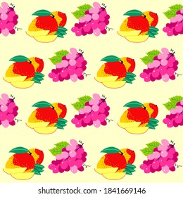 Pattern grapes pink and mango, hand drawn vector illustration