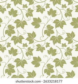 Pattern with Grapevine with leaves, soft green vine silhouette on light beige background.