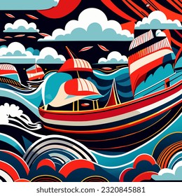 Pattern graphic of a boat in different colors .