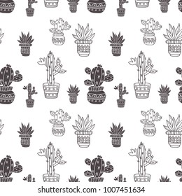 pattern of graphic drawings decorative cactus on a white background