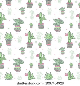 pattern of graphic drawings decorative cactus on a white background