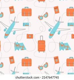 Pattern with graphic elements. Bright background on the theme of leisure and travel. A set of vacation items.
