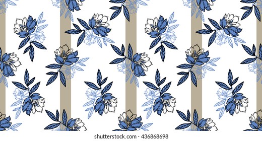 pattern of graphic flower on beige stripes on white backgroud