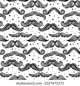 Patrón de iconos gráficos con bigote hipster en el estilo grunge. Una gran colección de bigotes con textura lineal y decoración de puntos. Ilustración vectorial. Para imprimir sobre textiles y papel