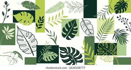 Pattern graphic leaves in separate squares, geometric poster colors light green, dark green.Botanical background with foliage for brochure cover collection banner 