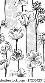 Pattern with graphic vertical field flowers  on white background with grey silhouette of flowers