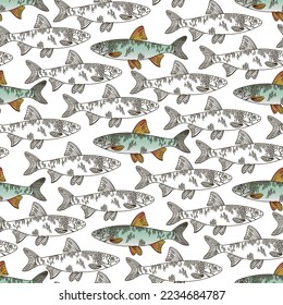 A pattern of graphic white fish with a contour and colored fish with a contour. Fish swim in different directions. seamless pattern for printing on textiles and paper. Gift wrapping, print on clothes