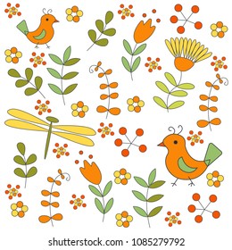 pattern with grass birds and flowers. there is a dragonfly. The gentle tones