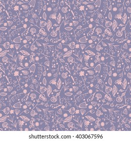 Pattern with grass, flowers, seeds and fruits