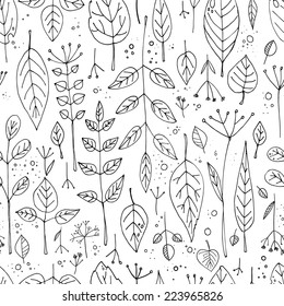 Pattern of grass and leaves, autumn theme. Vector pattern