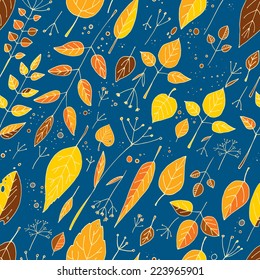 Pattern of grass and leaves, autumn theme. Vector pattern