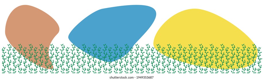 Pattern of grassy green isolated on white background with art abstract geometric streamline shape Tomato Cream, Ibiza Blue and Illuminating yellow color. Beauty in nature. Copy space. Spring or summer