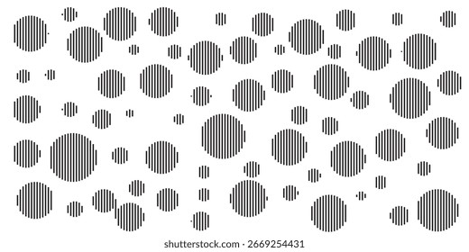 Um padrão de círculos cinzas de tamanhos variados, cada um preenchido com listras verticais, contra um fundo branco.