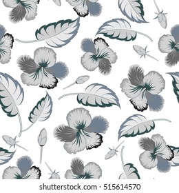 Pattern in gray colors with tropic summertime motif may be used as texture, wrapping paper or textile design. Vector seamless pattern of tropical flowers, hibiscus, dense jungle. Hand painted.
