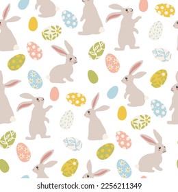 A pattern of gray Easter bunnies and colored painted Easter eggs. Different bunnies for kids. Rabbit or hare, a spring festive animal for Easter. Cartoon vector character made of fabric. Packaging