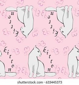 Pattern with a gray kitten, hearts and an inscription kitten