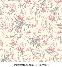 Pattern with gray and pink hand drawn Holly