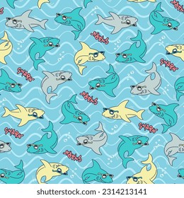 pattern of gray shark with glasses in the sea and waves on blue background