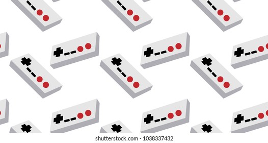 A pattern of gray and white old retro vintage hipster joysticks, manipulators, consoles from the 80's, 90's for a game console for video games on a white background. Vector seamless illustration