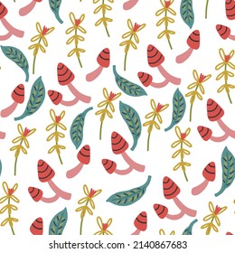 Pattern of grebes leaves mushrooms. Nature doodle hand drawn flat cartoon background nursery vector digital paper textile fabric wallpaper