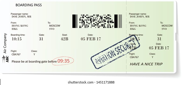 Pattern of green airline boarding pass ticket. Concept of travel, journey or business. Isolated on white. Vector illustration. Realistic variant of airline boarding pass ticket