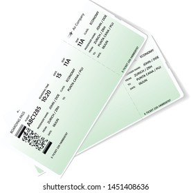 Pattern of green airline boarding pass ticket. Concept of travel, journey or business. Isolated on white. Vector illustration. Realistic variant of airline boarding pass ticket