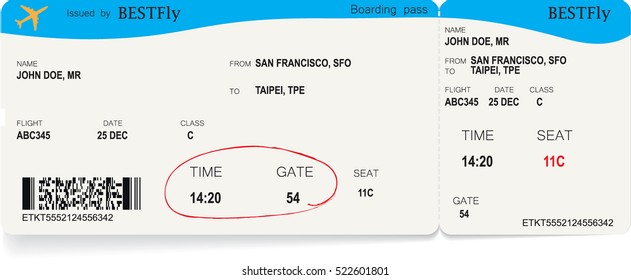 Pattern of green airline boarding pass ticket. Concept of travel, journey or business. Isolated on white. Vector illustration