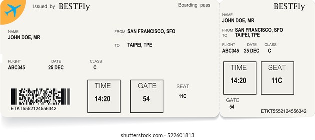 Pattern of green airline boarding pass ticket. Concept of travel, journey or business. Isolated on white. Vector illustration