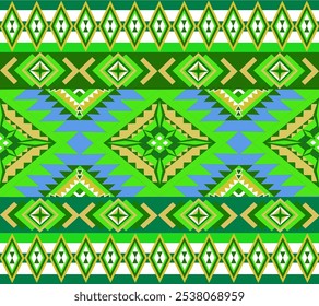 Pattern. Green background embroidered traditional pattern, Aztec geometric art for rugs, wallpapers, clothes, shawls, fabrics, textiles.
