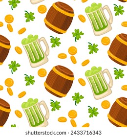 Patrón de cerveza verde con monedas, trébol y un barril de madera. Vector patrón sin fisuras para el día de San Patricio. Muchas monedas y plantas sobre un fondo blanco para la buena suerte. riqueza, vacaciones, embalaje