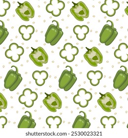 Pattern with green bell pepper.Vector seamless pattern with whole and sliced ​​bell peppers on transparent background.