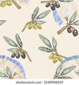 Pattern with green and black olives, mosaic, vector graphic isolated. Free hand draw.