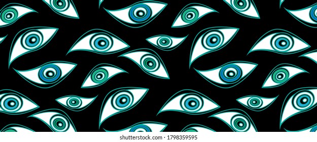 
A pattern of green and blue eyes on a black background. Wallpaper. Wrapping paper. Textile prints.