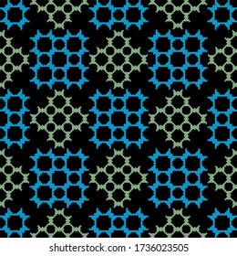 Pattern from green and blue on black seamless textile design.