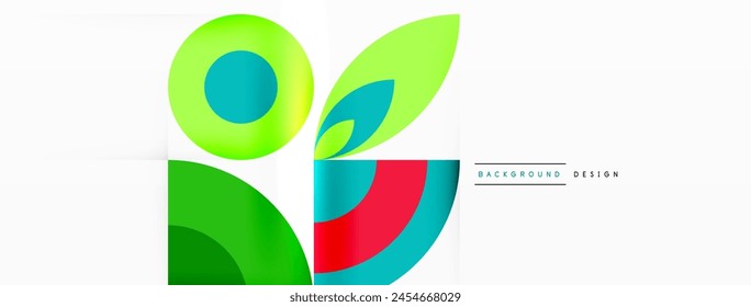 A pattern of green, blue, and red circles with leaves on a white background. The shapes include rectangles and triangles, creating an artful and symbolic design