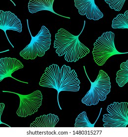 Pattern green blue seamless ginko leaves gingko biloba, ginkgo leaf background. Vector colorful repeat design. Botanical multicolored holographic gradient vibrant trendy modern gradient illustration