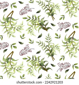 Pattern with green branches.Branches with green leaves on a transparent background in a vector pattern.