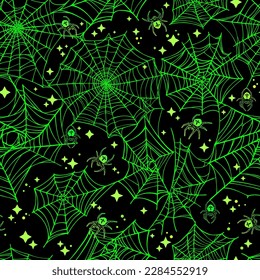 Pattern of a green bright web with spiders on a black background