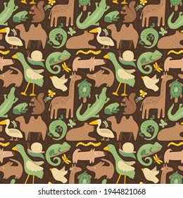 Pattern with green brown animals. Capybara, croco, camel, parrot, turtle, chameleon, giraffe, insects. Amazing little zoo or farm with wild creatures. Dark background. Kids style design. Hand drawn.