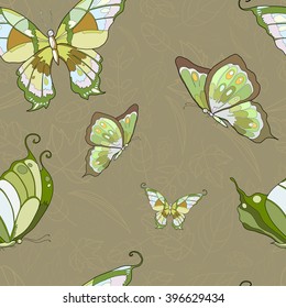 Pattern of green butterflies on gray- brown background
