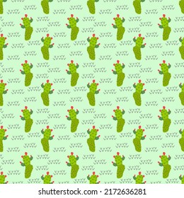Pattern with green cacti. Vector illustration. For covers and brochures, prints for children, interiors, packaging and fabrics.