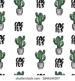 pattern with green cactuses in flowerpot on white background with text.  