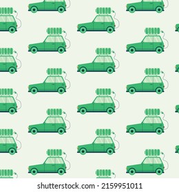 Pattern of a green car holding a battery on the roof. The concept of environmentally friendly electric cars. Preservation of ecology.