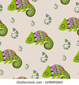Pattern with a green chameleon, with decorative geometric elements.