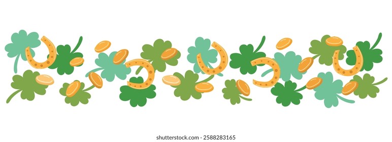 Pattern of green clover leaves, golden horseshoes and coins in trendy retro style. Festive decoration for Irish St. Patrick's Day. Vector frame or border isolated on transparent background.