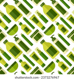 Pattern of green cosmetic bottles on white background. Tube of caring cosmetics - shampoo, gel, conditioner. Cream, facial foam. Body Scrub. Hair Mask. Seamless print. Flat design. Vector illustration