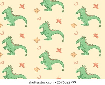 Pattern with Green Dinosaurs, Orange Flowers, and Hearts. Playful Childlike Style. Hand-Drawn Seamless Vector Illustration.